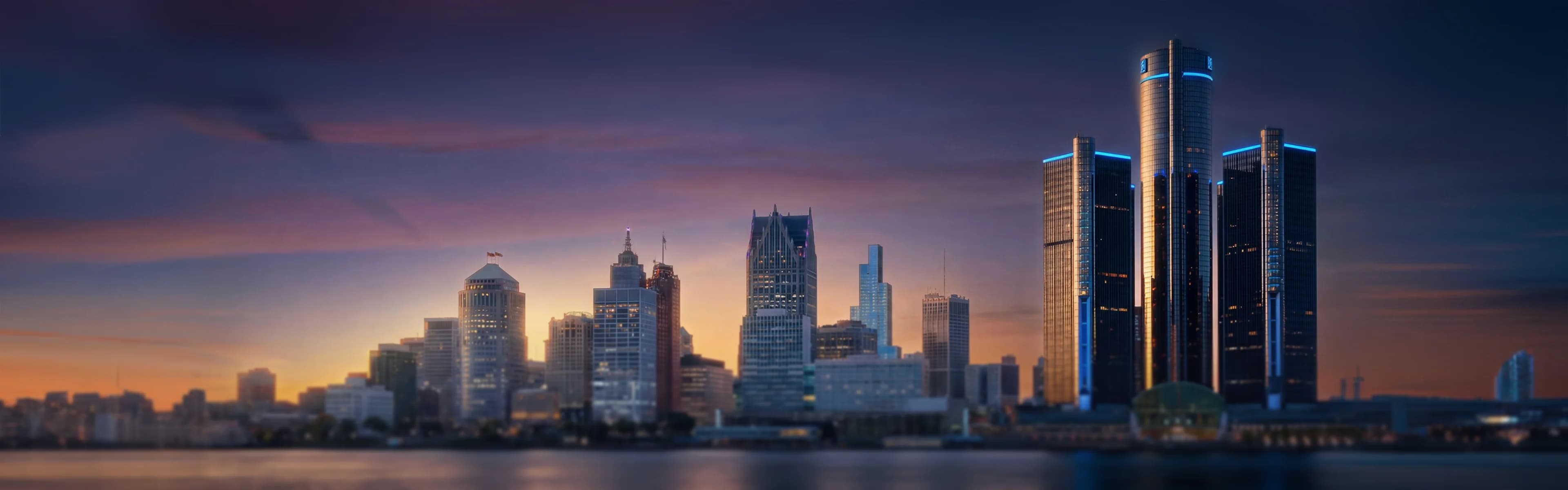 Detroit skyline with riverfront towers - managed Wi-Fi, fiber internet, and bulk TV services for Detroit multifamily properties